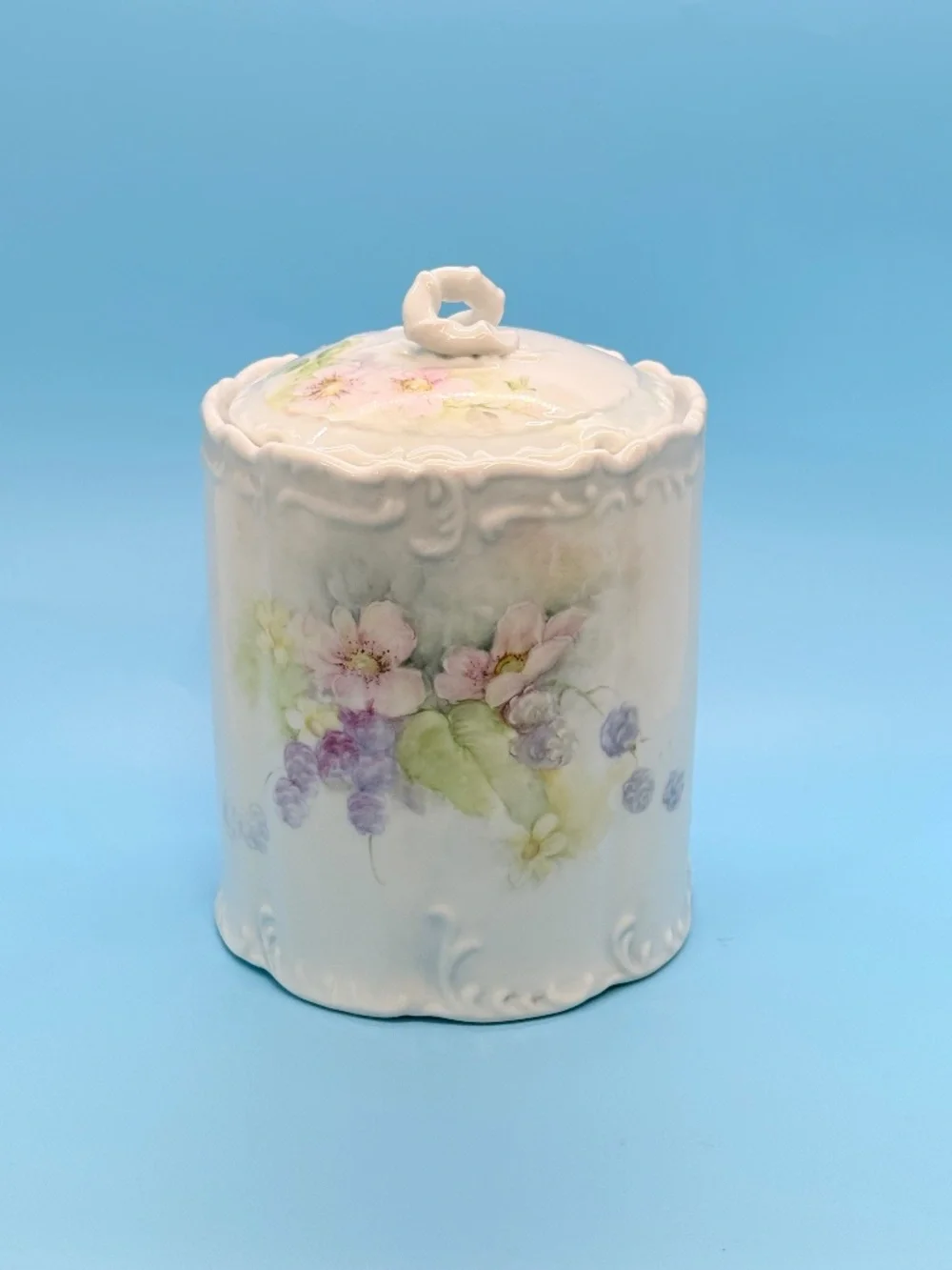 Vintage Porcelain Embossed Biscuit Jar & Lid Handpainted w Pastel Floral Motifs